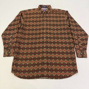 VTG 90s Pendleton Geometric Southwestern Dobby Cotton Green Brown Red Shirt LRG